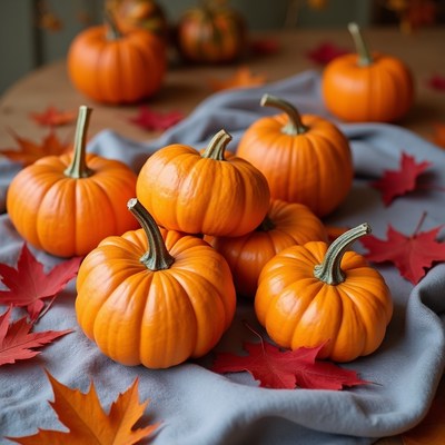 Orange pumpkins with autumn leaves
