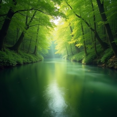 Sunlit Forest Path with Green River