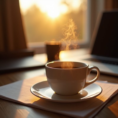 Steaming Coffee Cup by Laptop Sunrise