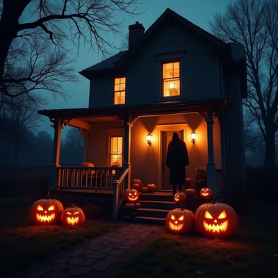 Haunted House with Pumpkins and Shadowy Figure