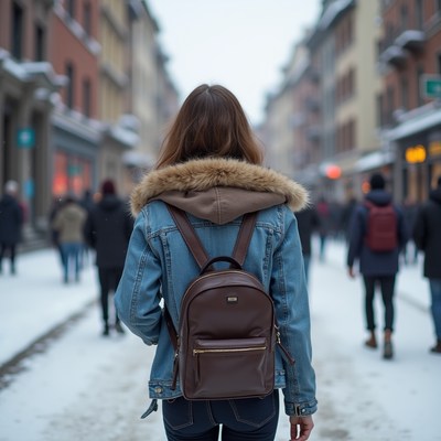 Woman walking snowy city street