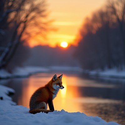 Red Fox Sitting on Snowy Riverbank at Sunset