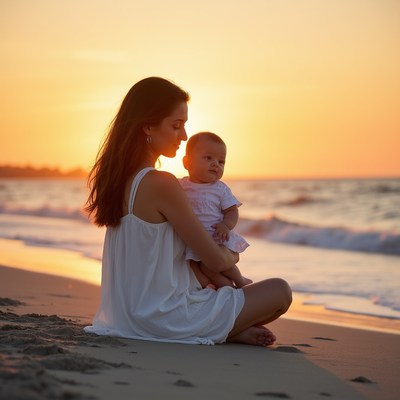 Mother holding baby on beach sunset