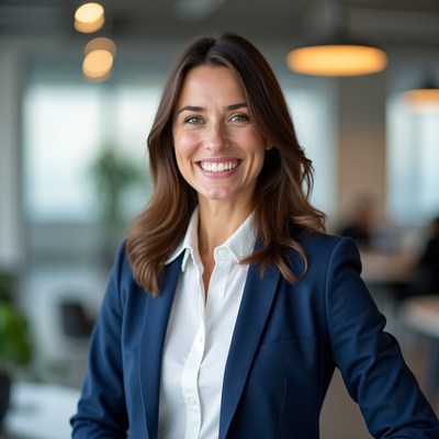 Smiling woman in blue blazer office