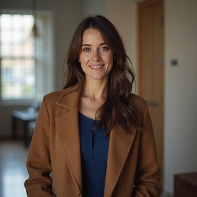 Smiling woman in camel coat