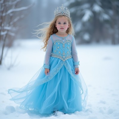 Blonde girl in Elsa dress in snow