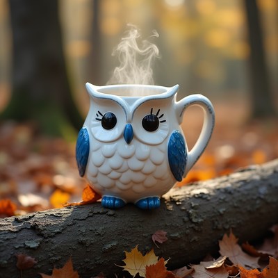 Owl Mug with Steam on Forest Log