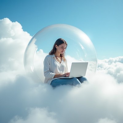 Woman working on laptop in bubble on clouds
