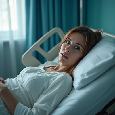 Surprised woman in hospital bed