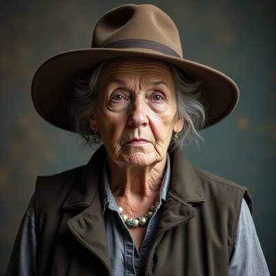 Elderly woman wearing brown fedora hat