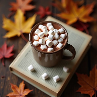 Hot Chocolate with Marshmallows and Autumn Leaves