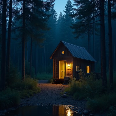 Cozy Cabin in Dark Forest at Twilight