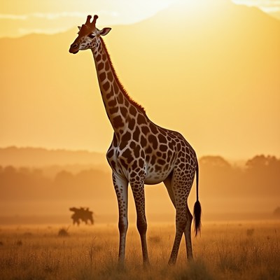 Giraffe standing in sunset savanna