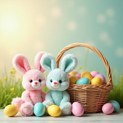 Pink and Blue Plush Bunnies with Easter Basket