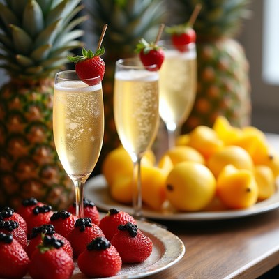 Champagne Glasses with Strawberries and Pineapples