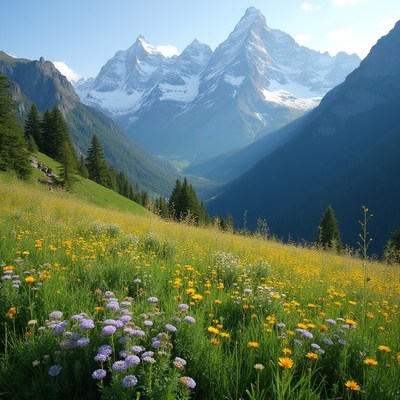 Flower Meadow with Snowy Mountains