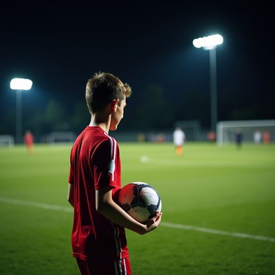 Boy holding soccer ball on field