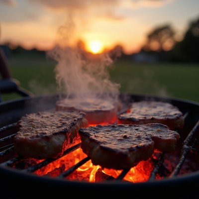 Pork Chops Grilling at Sunset