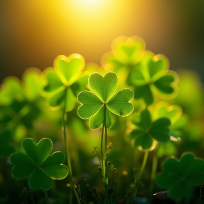 Four-leaf clovers in golden sunlight