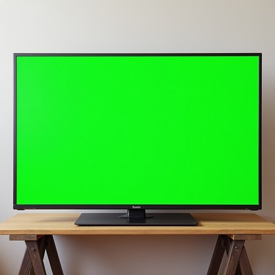 TV with Green Screen on Wooden Stand