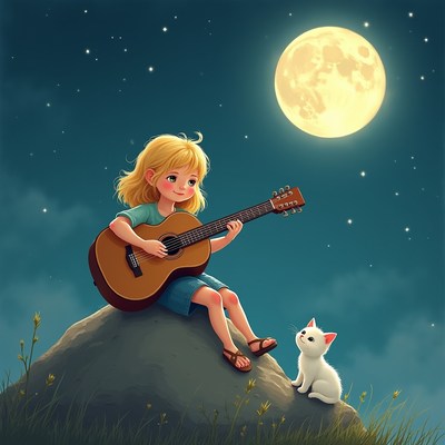 Girl playing guitar with cat under moon