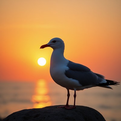 Seagull silhouetted against sunset
