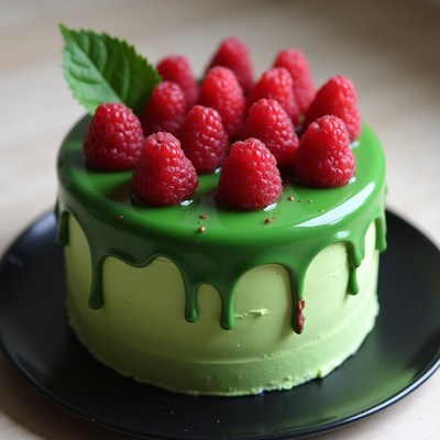 Green Cake Topped with Raspberries