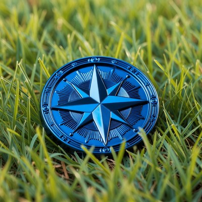 Blue compass coin on grass