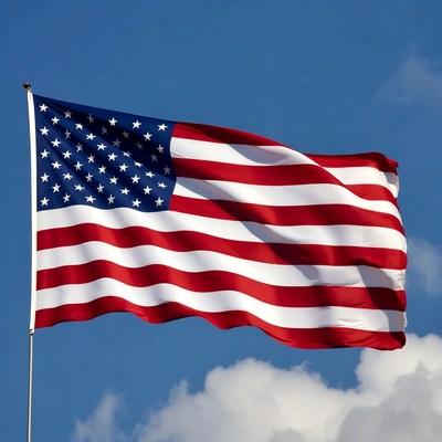 American flag waving against blue sky