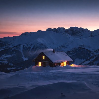 Cozy lit cabin in snowy mountains