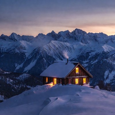 Cozy lit cabin on snowy mountain peak