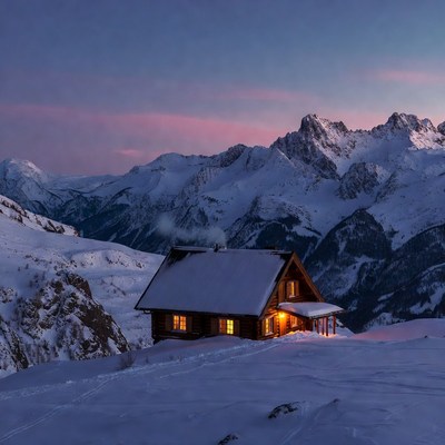 Cozy Snowy Cabin in Mountains at Twilight