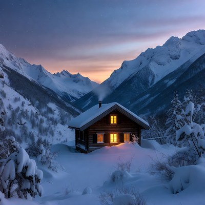 Cozy Wooden Cabin in Snowy Mountains