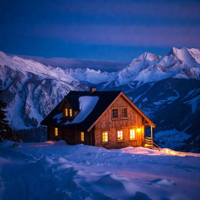 Lit Log Cabin in Snowy Mountains