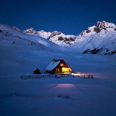 Lit Cabin in Snowy Mountains at Night