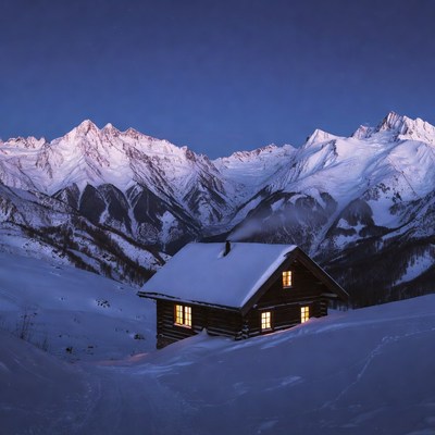 Cozy lit cabin in snowy mountains
