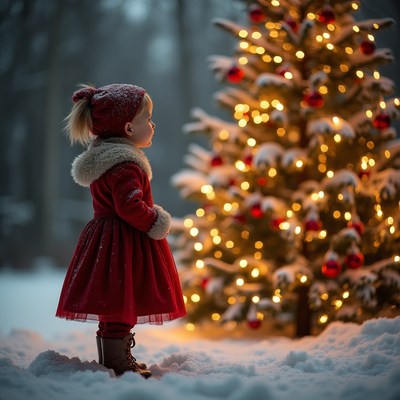 Girl in red dress admires snowy Christmas tree