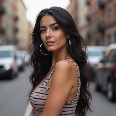 Beautiful woman in striped top on city street