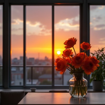 Red Tulips in Vase by Sunset Window