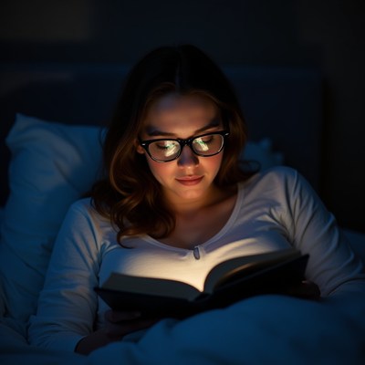 Woman reading book in bed at night