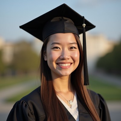Asian woman in graduation gown smiling