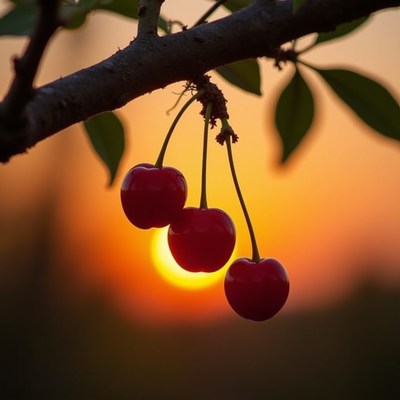Three Red Cherries Hanging at Sunset