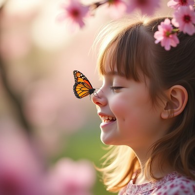 Girl with monarch butterfly on nose