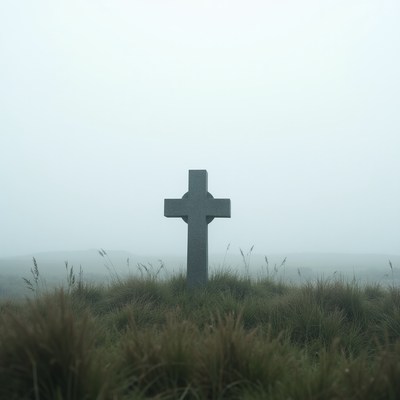 Stone Cross in Foggy Grass Field