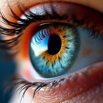 Close-up of blue eye with orange iris