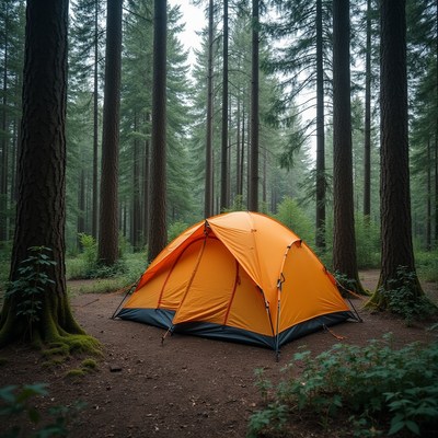 Orange tent in misty forest