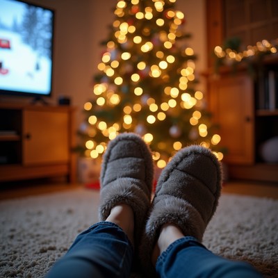 Woman's Feet in Slippers by Christmas Tree