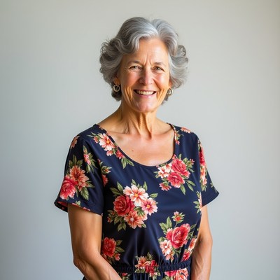 Smiling elderly woman in floral dress