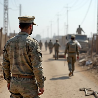 Soldiers walking down dusty road