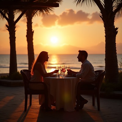 Couple toasting wine at sunset beach